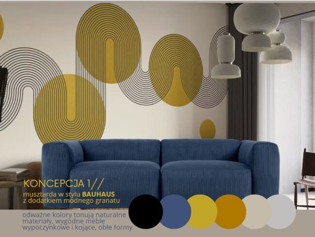 Koncepcja salonu w stylu Bauhaus – musztarda i granat