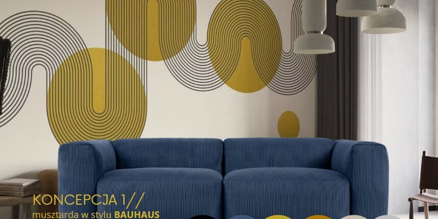 Koncepcja salonu w stylu Bauhaus Koncepcja salonu w stylu Bauhaus – musztarda i granat